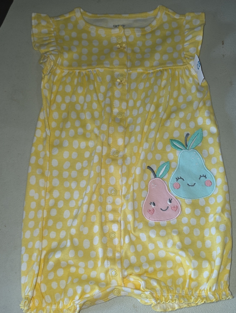 Carter's Yellow Polka Dot Sleeveless Romper with Pink and Mint Pear Appliqués